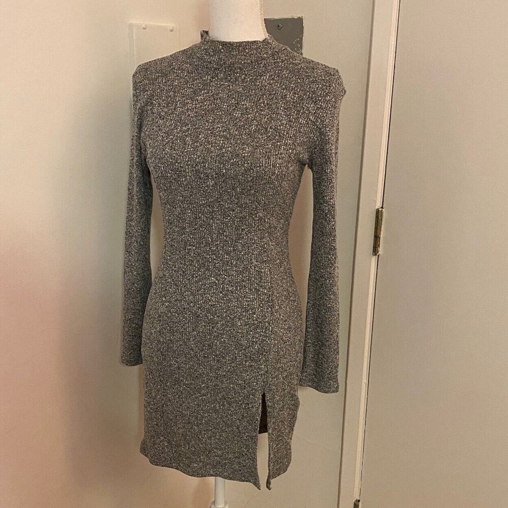 Better Be Marled Grey Knit Mock Neck Long Sleeve Split Front Bodycon Mini M